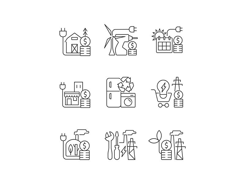 Electrical energy cost linear icons set