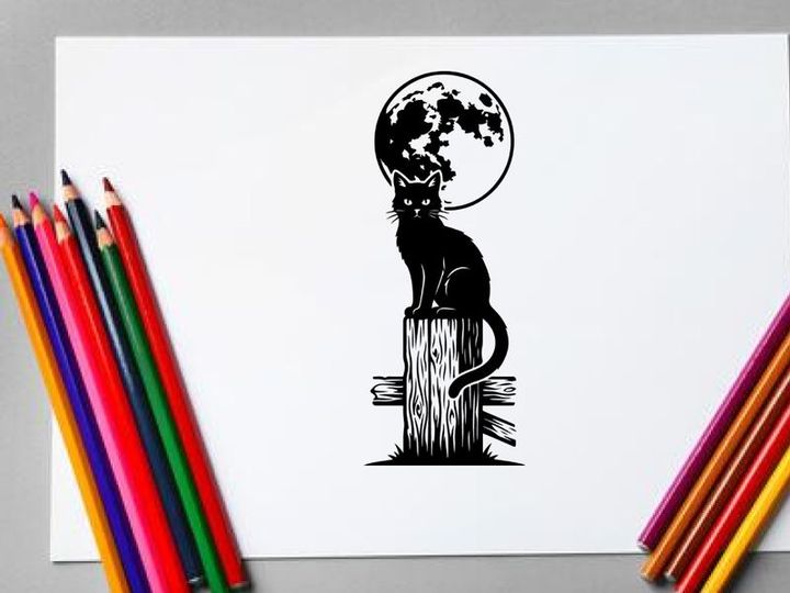 Silhouette of a Cat Sitting on a Tree Stump Under Full Moon