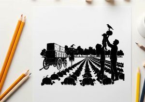Silhouette of people harvesting pumpkins in a field with a wagon and bird