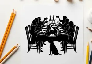 Silhouette of family and dog at dinner table with candelabra