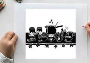 Silhouette of kitchen utensils and cookware on a table