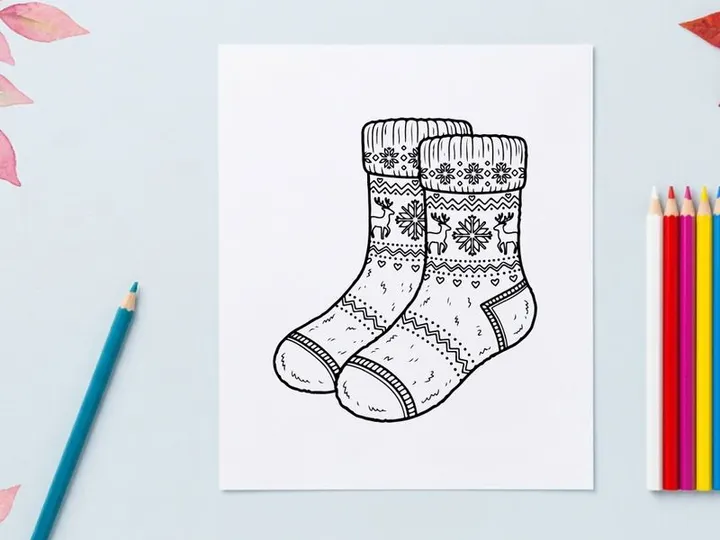 Sepasang kaos kaki Natal dengan pola rusa dan kepingan salju dalam gaya seni garis tangan