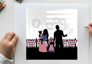 Family in silhouette celebrating 4th of july with fireworks and american flag