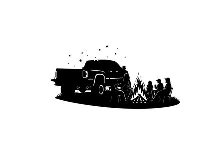 Silhouette of a pickup truck at a campfire with friends