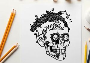 Day of the dead sugar skull silhouette with floral crown