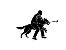 Silhouette of a man and dog in a training exercise with tug toy