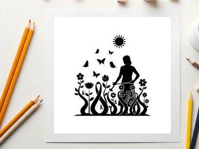 Woman silhouette standing in a garden with butterflies and flowers under the sun silhouette