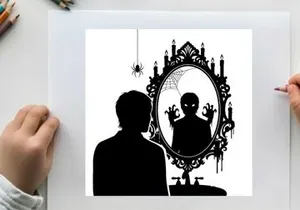 Silhouette of a man looking at a spooky mirror with silhouette reflection