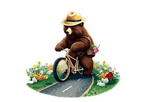 Bear riding a bike in floral countryside road, isolated in white background.