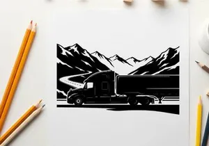 Truck silhouette driving through mountains