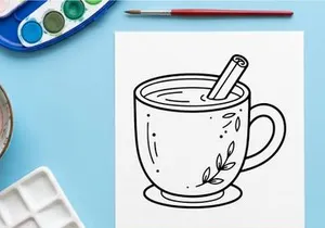 Hand drawn line art illustration of a mug with a cinnamon stick