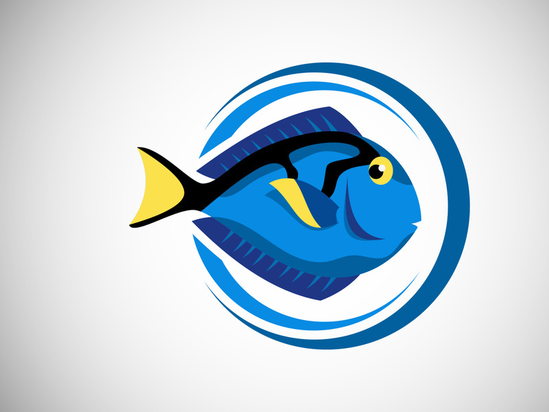 Blue Tang fish in a circle. Fish logo design template. Seafood restaurant shop Logotype concept icon.