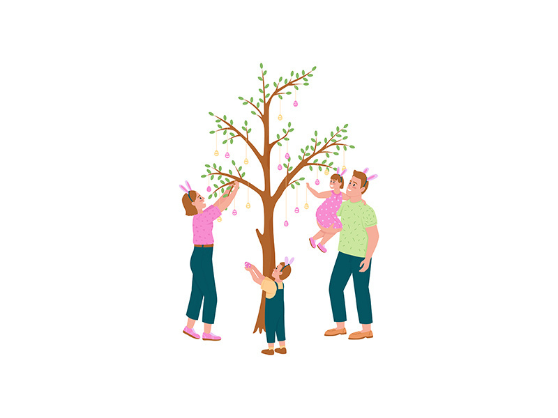 Happy family hanging easter eggs on tree flat color vector detailed characters