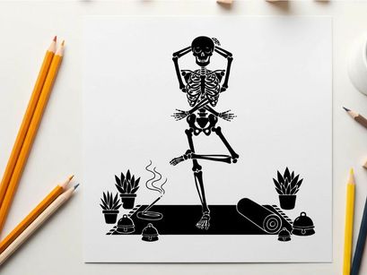 Silhouette of a skeleton in a yoga pose with plants