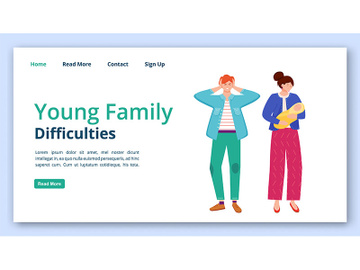 Young family difficulties landing page vector template preview picture