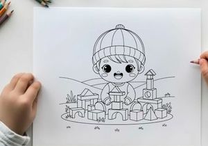Cute baby playing with wooden blocks vector illustration