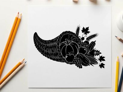 Silhouette of a cornucopia with fruits and leaves