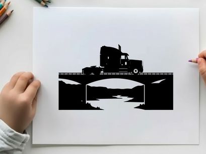 Truck silhouette crossing a bridge over a river at sunset