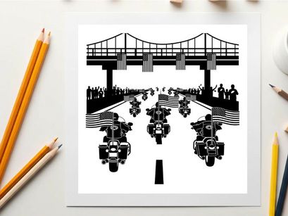 Motorcycle parade under a bridge silhouette