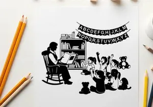 Silhouette of a woman reading to children in a library with alphabet banner
