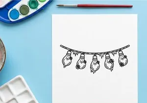 Hand drawn string of light bulbs with snowflakes and icicles