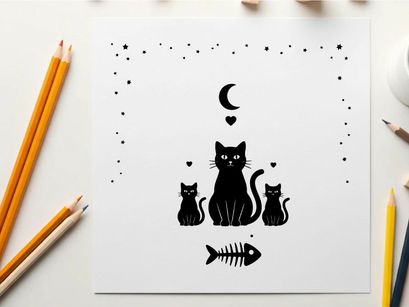 Silhouette of three cats under a crescent moon silhouette