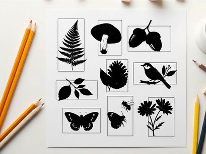 Silhouette of various plants and insects collage