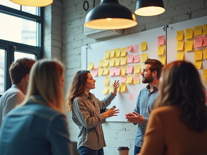 A team of creative designers are shown in a collaborative meeting.
