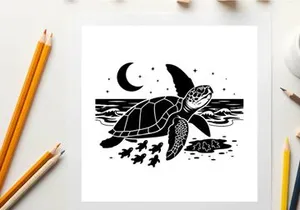 Silhouette of a sea turtle swimming under a crescent moon