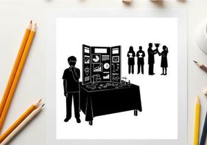 Silhouette of a boy standing by a table with a display and other silhouettes
