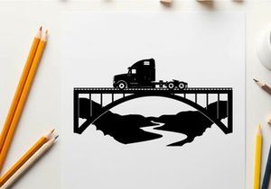 Truck crossing bridge silhouette against white background
