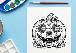 Halloween pumpkin face with spooky grin and floral ornaments. Classic jack-o-lantern illustration for festive autumn decorations and seasonal designs.
