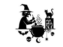 Silhouette of witch stirring cauldron with cat and halloween symbols
