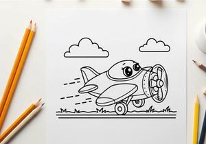 Cute airplane with face flying in sky vector illustration