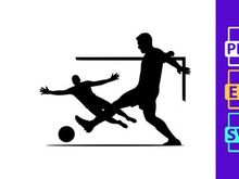 Soccer players in action kicking ball near goal post silhouette