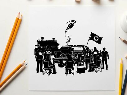 Silhouette of people gathered around a truck with a flag and building