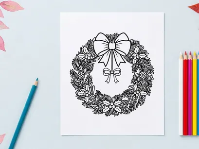 Christmas wreath line art illustration with pine cones and a decorative festive bow