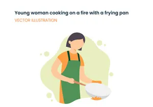 Young woman cooking on a fire with frying pan