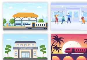 18 Train Station Flat Design Illustration
