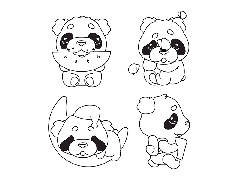Cute panda kawaii linear characters pack