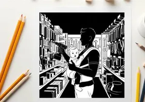 Silhouette of a man holding a gun and a baby in a store aisle silhouette