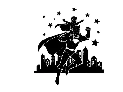 Superman silhouette flying over cityscape at night with stars