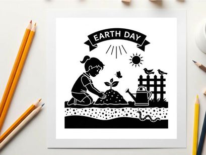 Earth day silhouette of a girl planting a tree with birds and sun