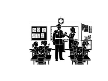 Police officer visiting a classroom with teacher and students silhouette preview picture