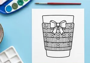 Christmas coffee cup with knitted cozy and bow line art illustration