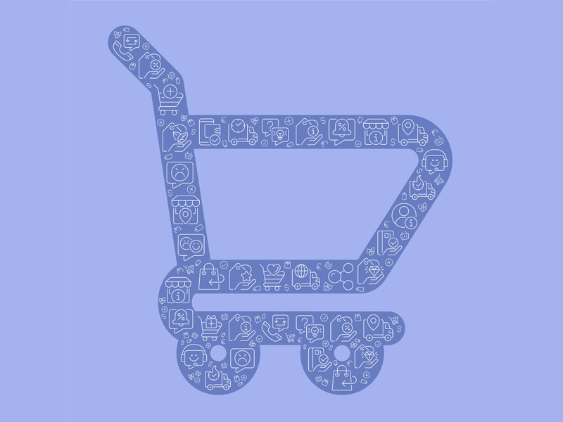 Shopping cart pixel perfect shaped concept filled with editable linear icons