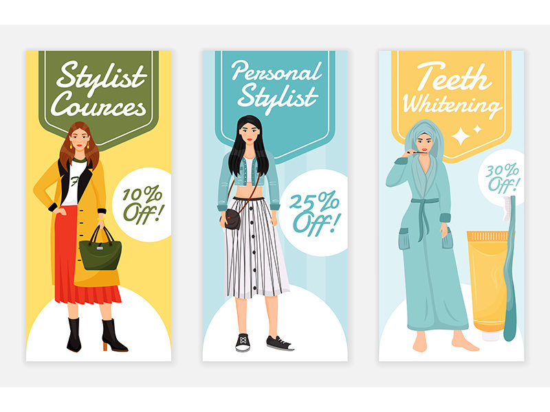 Beauty and fashion courses flyers flat vector templates set