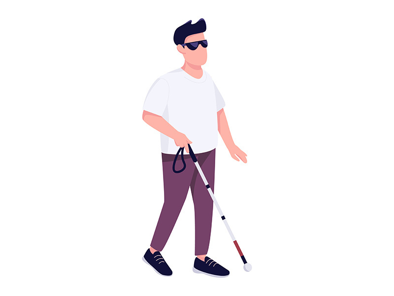 Blind man with walking cane flat color vector faceless character