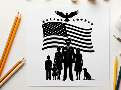 American family silhouette with flag and eagle