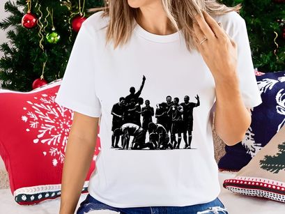 Black and white illustration of a triumphant sports team celebrating victory together